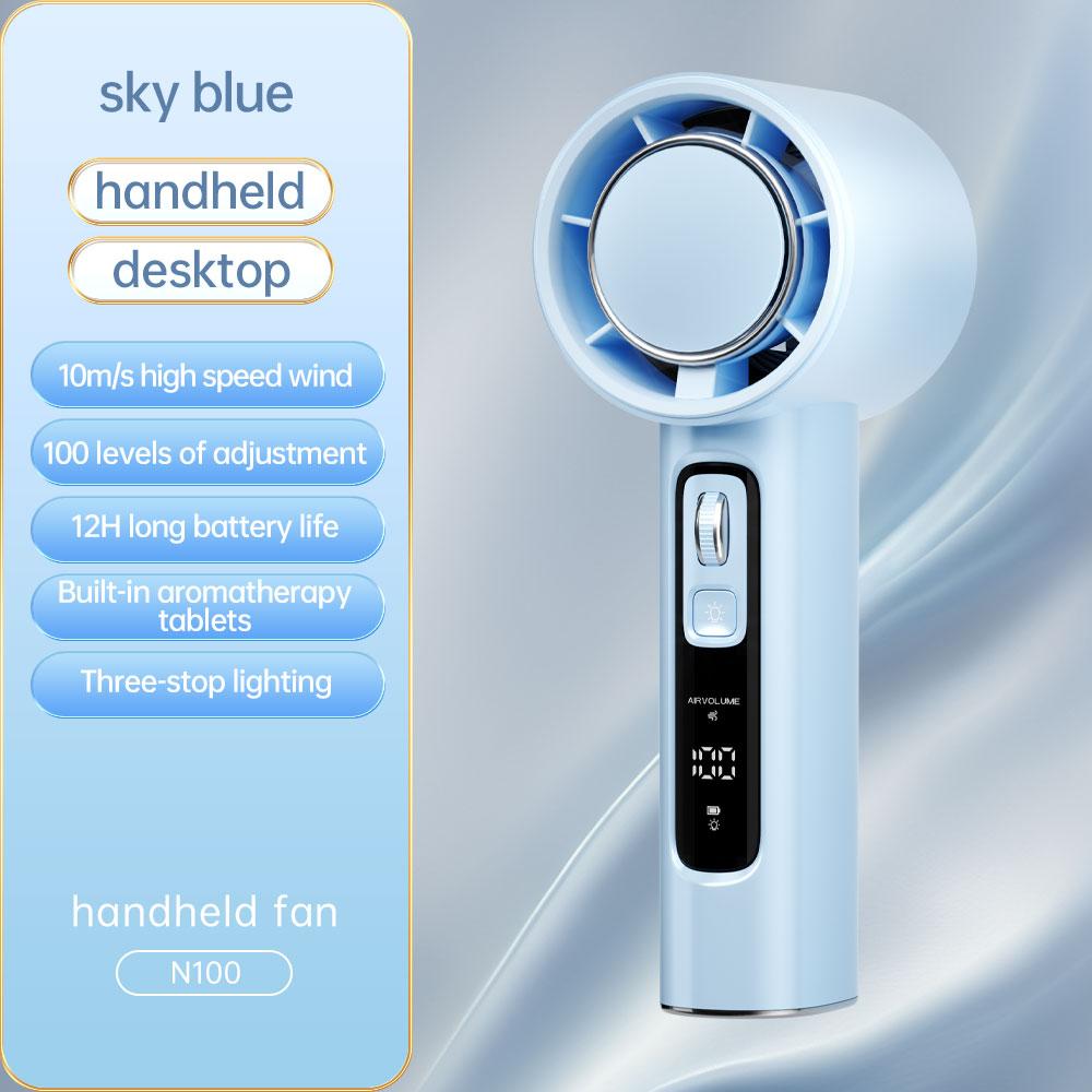fast shipping3 in 1 handheld portable turbo fan with led 3 modes of emergency lights powerful handheld fan with built in aromatherapy refilling pad rechargeable with 5000mah battery large capacity 100 levels of stepless adjustment details 5