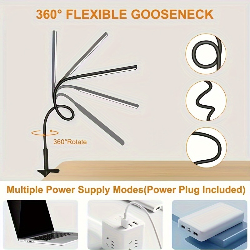 1pc led desk lamp with clamp and flexible gooseneck eye care for home adjustable usb powered with power plug included details 1