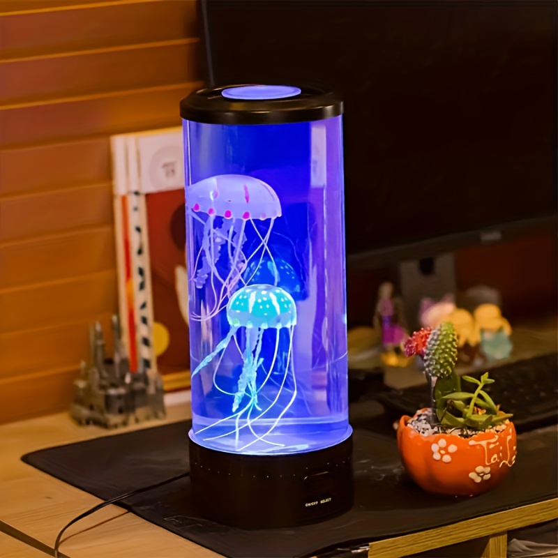 1pc jellyfish lava lamp fascinating color changing lights create a beautiful tranquil peaceful soothing deep sea ambiance which could help anxiety light consists of two artificially jellyfish and 8 luminous stones details 3